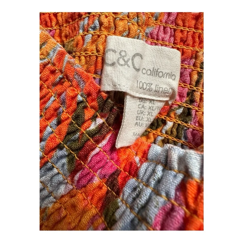 C&C California 100% Linen Orange and Pink Tropical Floral Wide Leg Pant - Picture 8 of 8